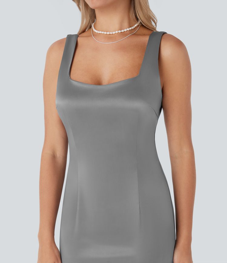 Vestido midi ajustado de satén con escote cuadrado, espalda descubierta y cremallera invisible para dama de honor e invitada de boda