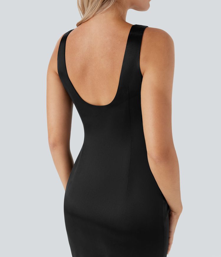 Vestido midi ajustado de satén con escote cuadrado, espalda descubierta y cremallera invisible para dama de honor e invitada de boda