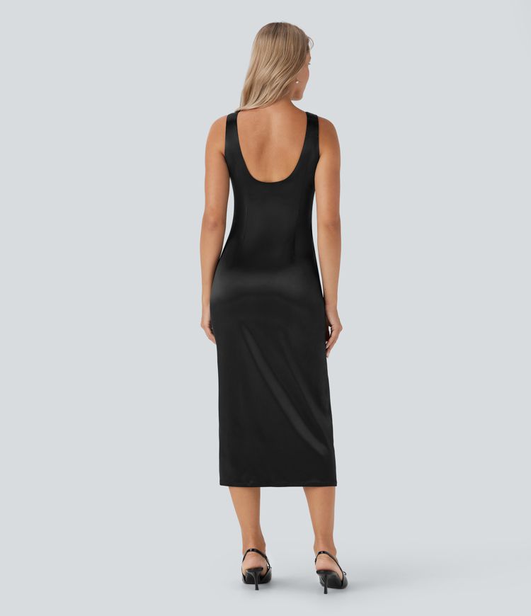 Vestido midi ajustado de satén con escote cuadrado, espalda descubierta y cremallera invisible para dama de honor e invitada de boda