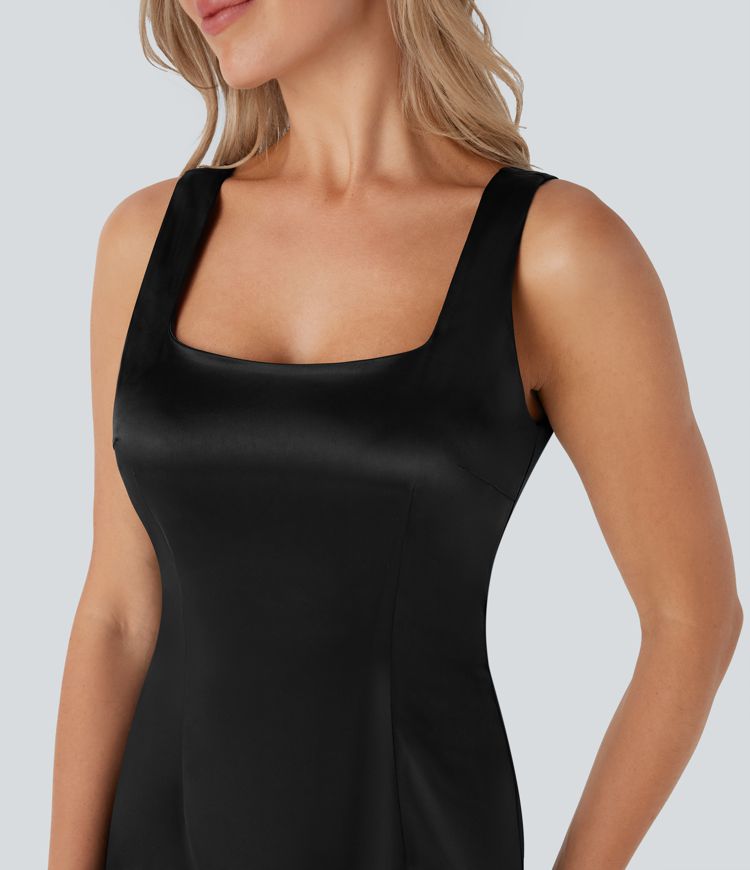 Vestido midi ajustado de satén con escote cuadrado, espalda descubierta y cremallera invisible para dama de honor e invitada de boda