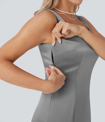 Vestido midi ajustado de satén con escote cuadrado, espalda descubierta y cremallera invisible para dama de honor e invitada de boda
