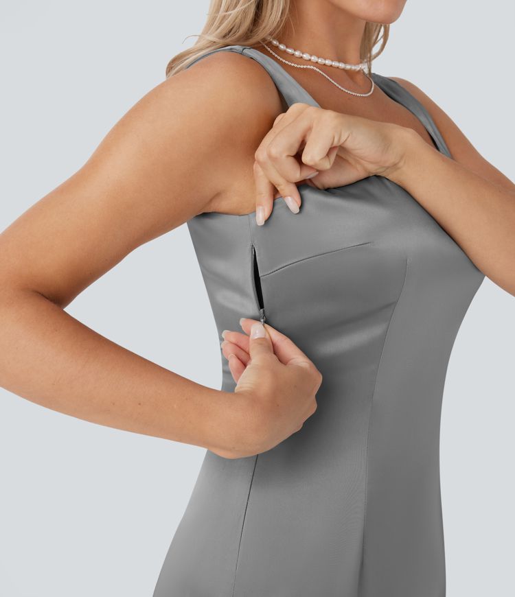 Vestido midi ajustado de satén con escote cuadrado, espalda descubierta y cremallera invisible para dama de honor e invitada de boda