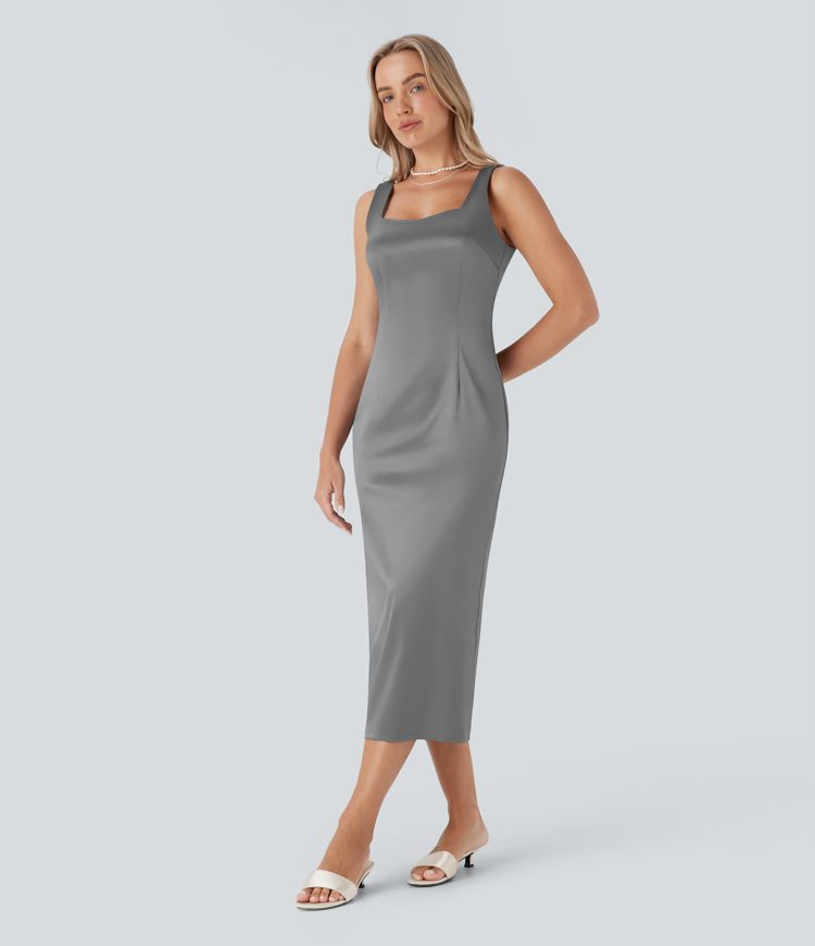 Vestido midi ajustado de satén con escote cuadrado, espalda descubierta y cremallera invisible para dama de honor e invitada de boda