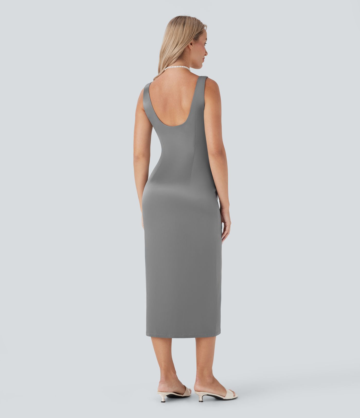 Vestido midi ajustado de satén con escote cuadrado, espalda descubierta y cremallera invisible para dama de honor e invitada de boda