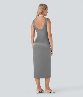 Vestido midi ajustado de satén con escote cuadrado, espalda descubierta y cremallera invisible para dama de honor e invitada de boda