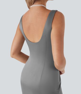 Vestido midi ajustado de satén con escote cuadrado, espalda descubierta y cremallera invisible para dama de honor e invitada de boda