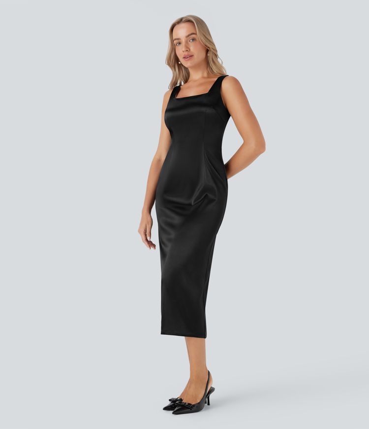 Vestido midi ajustado de satén con escote cuadrado, espalda descubierta y cremallera invisible para dama de honor e invitada de boda