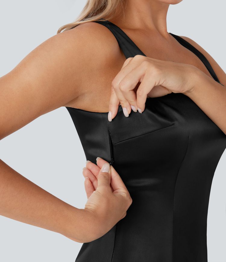 Vestido midi ajustado de satén con escote cuadrado, espalda descubierta y cremallera invisible para dama de honor e invitada de boda