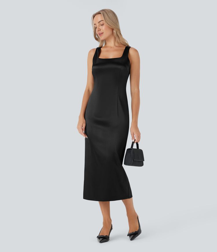 Vestido midi ajustado de satén con escote cuadrado, espalda descubierta y cremallera invisible para dama de honor e invitada de boda