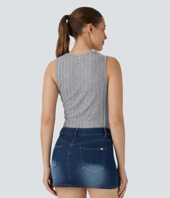 Top décontracté Asymétrique Froncé Sans Manches Côtelé