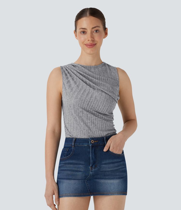 Top décontracté Asymétrique Froncé Sans Manches Côtelé