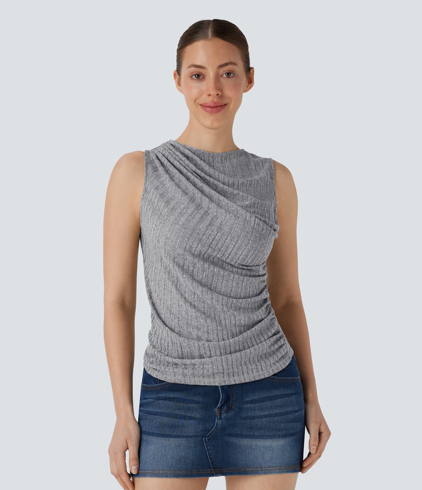 Top décontracté Asymétrique Froncé Sans Manches Côtelé