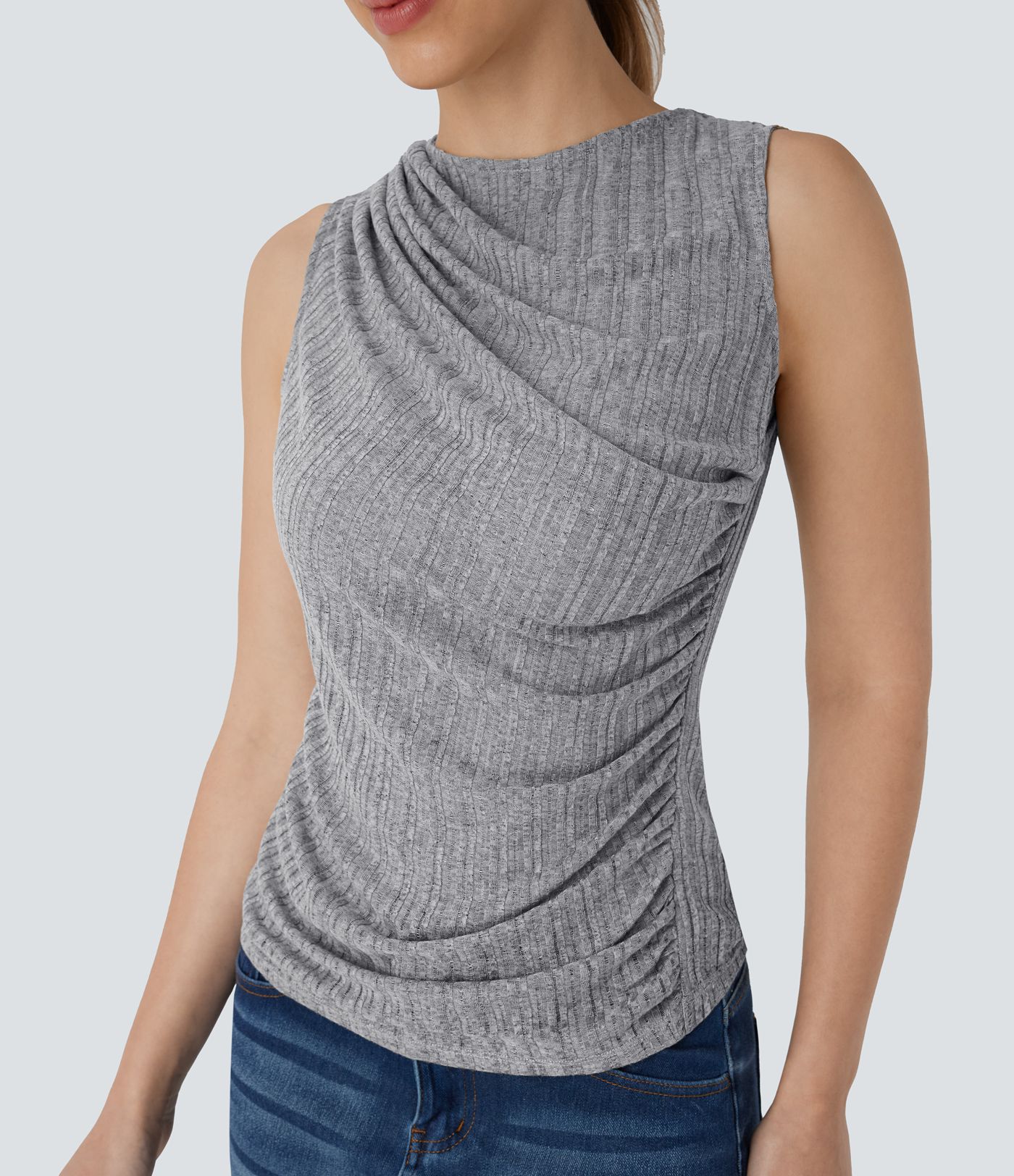 Top décontracté Asymétrique Froncé Sans Manches Côtelé