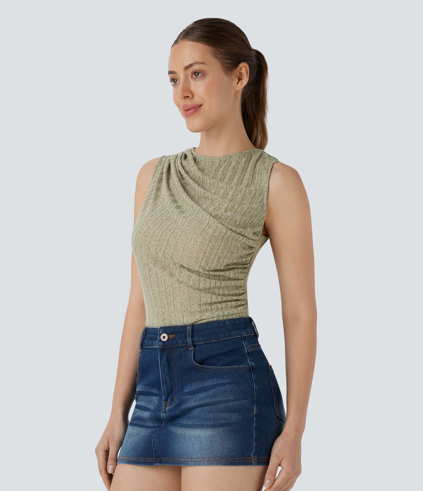 Geripptes, ärmelloses, asymmetrisches, gerüschtes Freizeitoberteil