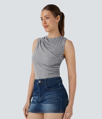 Top décontracté Asymétrique Froncé Sans Manches Côtelé