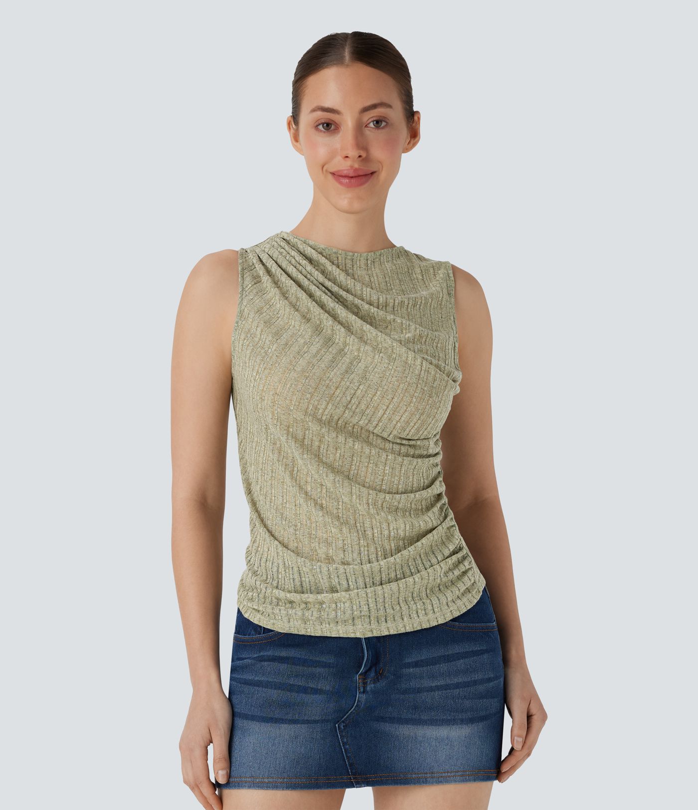 Geripptes, ärmelloses, asymmetrisches, gerüschtes Freizeitoberteil