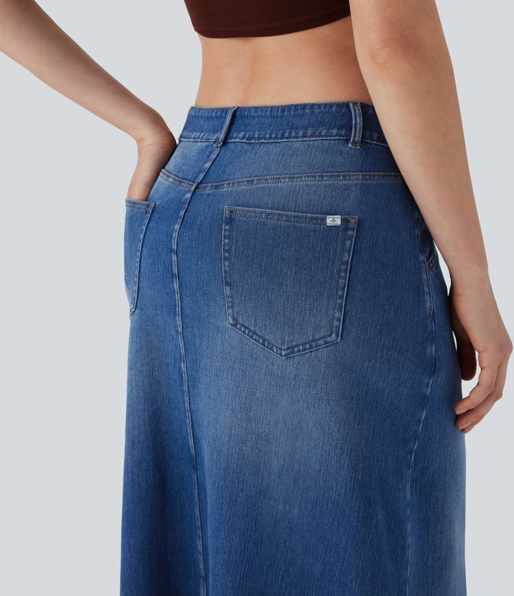 Jupe décontractée longue en denim extensible Halara Flex™ taille basse avec bouton, fermeture éclair, multiples poches et fente coupe en A