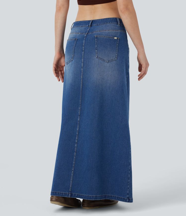 Jupe décontractée longue en denim extensible Halara Flex™ taille basse avec bouton, fermeture éclair, multiples poches et fente coupe en A