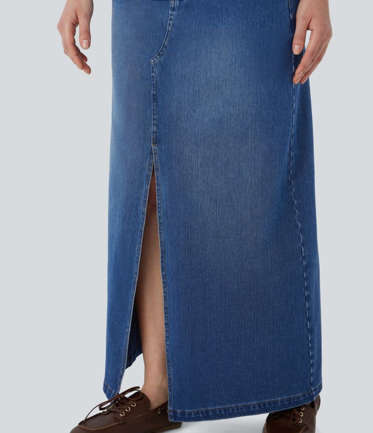 Jupe décontractée longue en denim extensible Halara Flex™ taille basse avec bouton, fermeture éclair, multiples poches et fente coupe en A