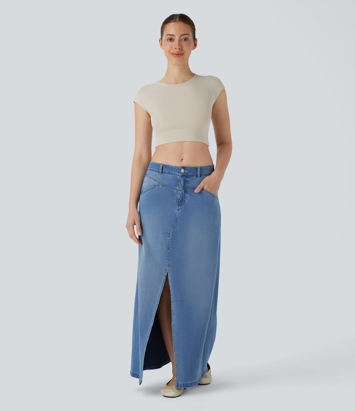 Halara Flex™ Low Rise Zipper Pockets A Line Denim Maxi Casual Skirt