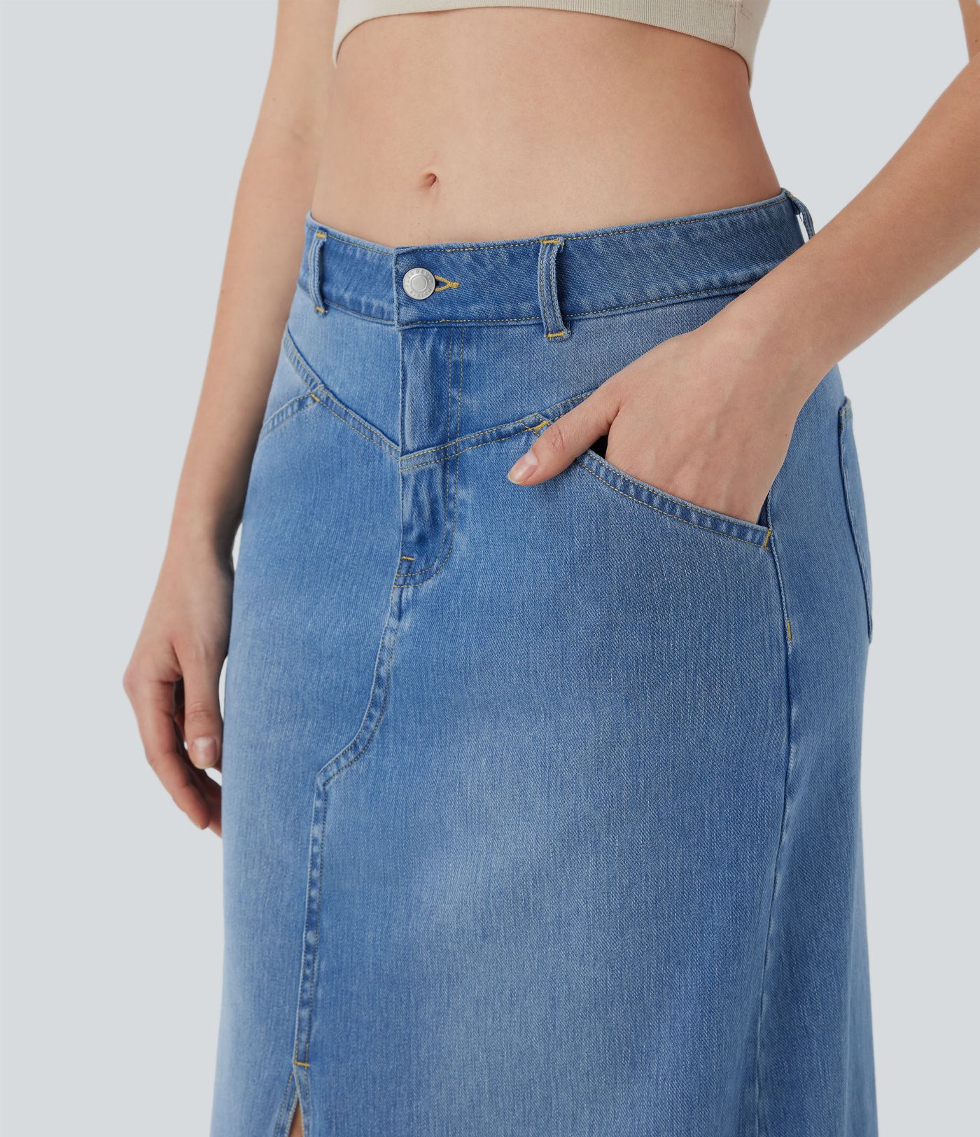 Halara Flex™ Low Rise Zipper Pockets A Line Denim Maxi Casual Skirt