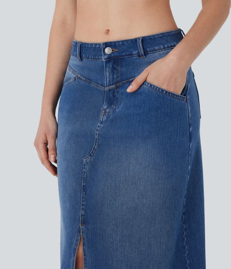 Jupe décontractée longue en denim extensible Halara Flex™ taille basse avec bouton, fermeture éclair, multiples poches et fente coupe en A