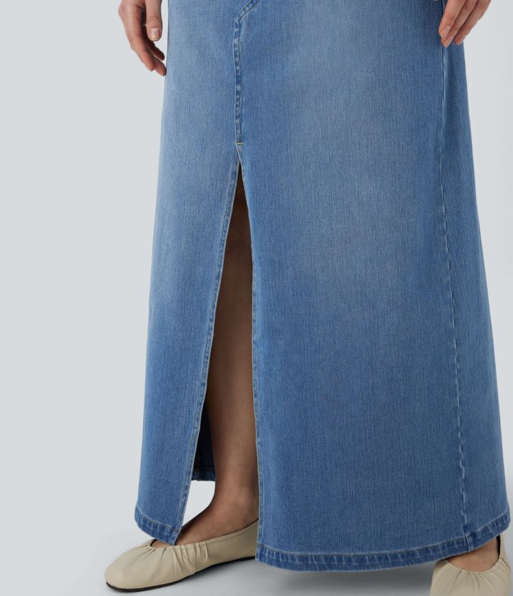 Halara Flex™ Low Rise Zipper Pockets A Line Denim Maxi Casual Skirt