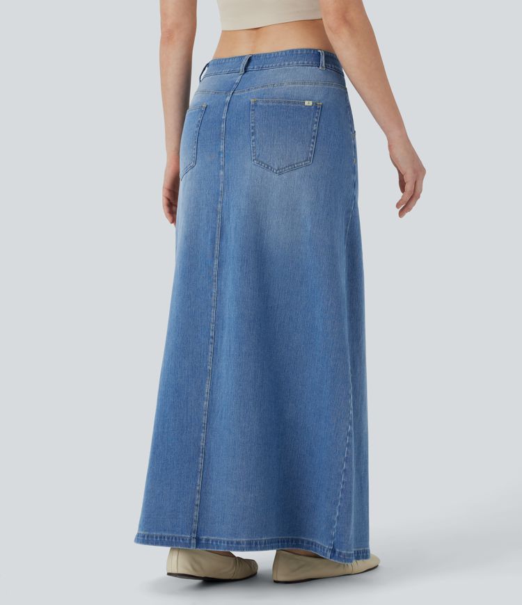 Halara Flex™ Low Rise Zipper Pockets A Line Denim Maxi Casual Skirt