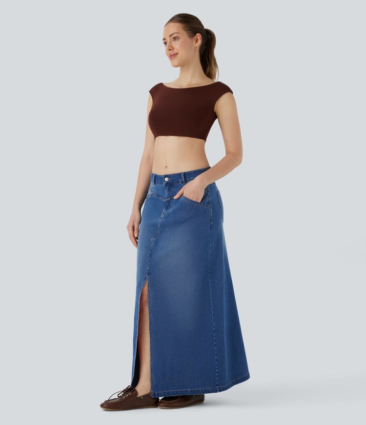 Jupe décontractée longue en denim extensible Halara Flex™ taille basse avec bouton, fermeture éclair, multiples poches et fente coupe en A
