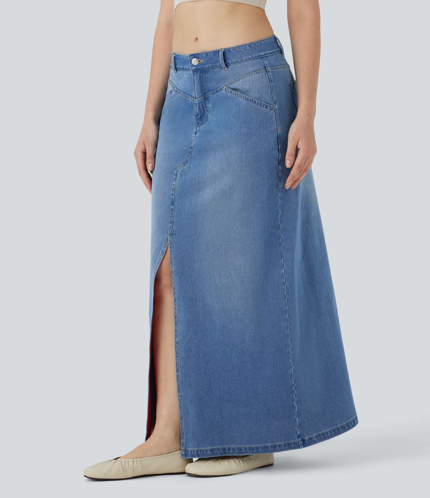 Halara Flex™ Low Rise Zipper Pockets A Line Denim Maxi Casual Skirt