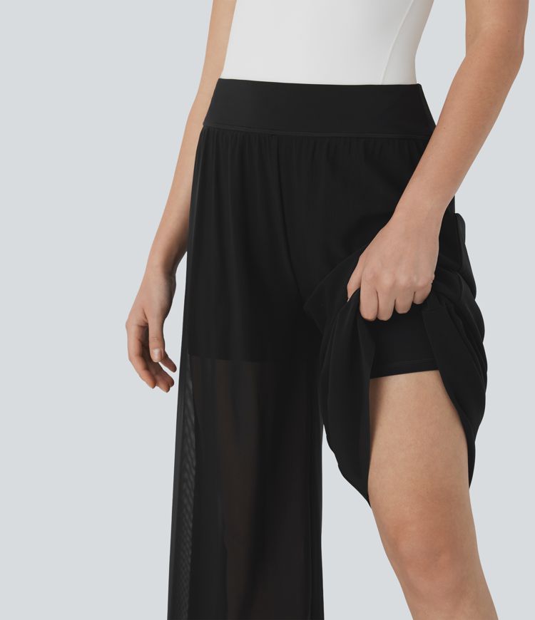 Pantalones de baile fluidos anchos 2 en 1 de tiro alto con malla transparente 