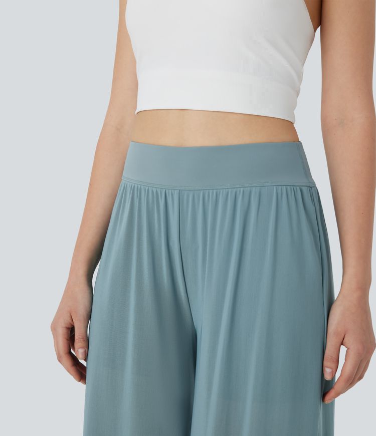 High Waisted 2-in-1 Mesh Wide Leg Flowy Dance Pants