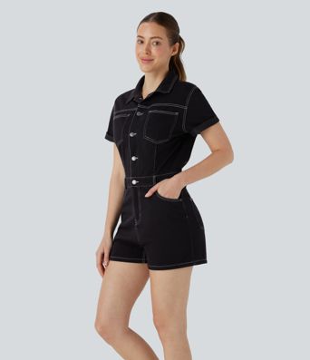 Halara Flex™ Kurzärmliger, geknöpfter, gewaschener, dehnbarer Denim-Strick-Leger-Overall mit mehreren Taschen