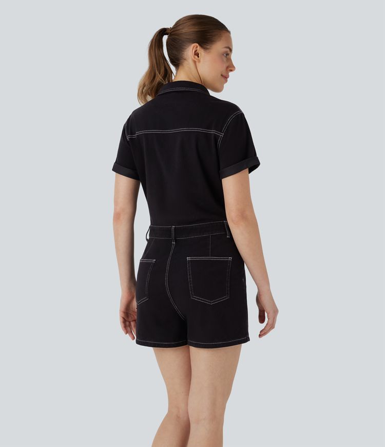 Halara Flex™ Kurzärmliger, geknöpfter, gewaschener, dehnbarer Denim-Strick-Leger-Overall mit mehreren Taschen