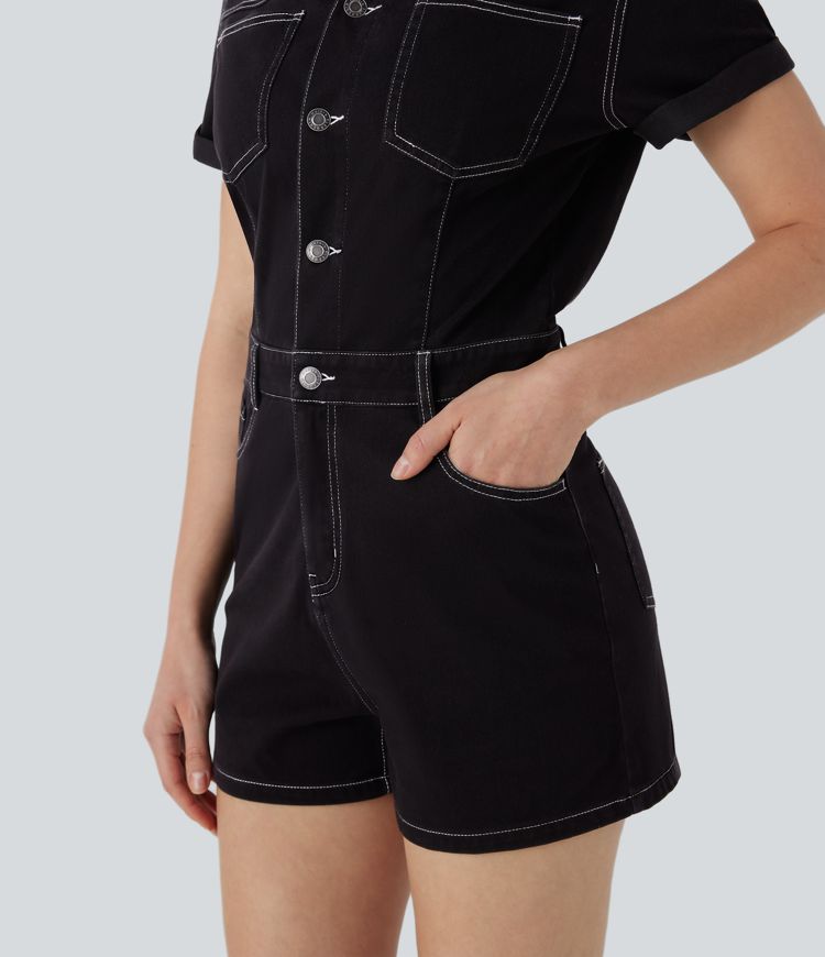 Halara Flex™ Kurzärmliger, geknöpfter, gewaschener, dehnbarer Denim-Strick-Leger-Overall mit mehreren Taschen