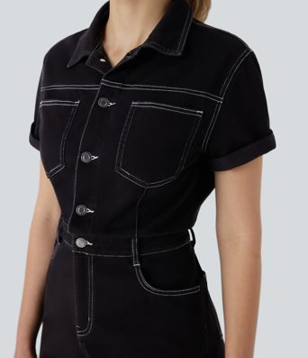 Halara Flex™ Kurzärmliger, geknöpfter, gewaschener, dehnbarer Denim-Strick-Leger-Overall mit mehreren Taschen