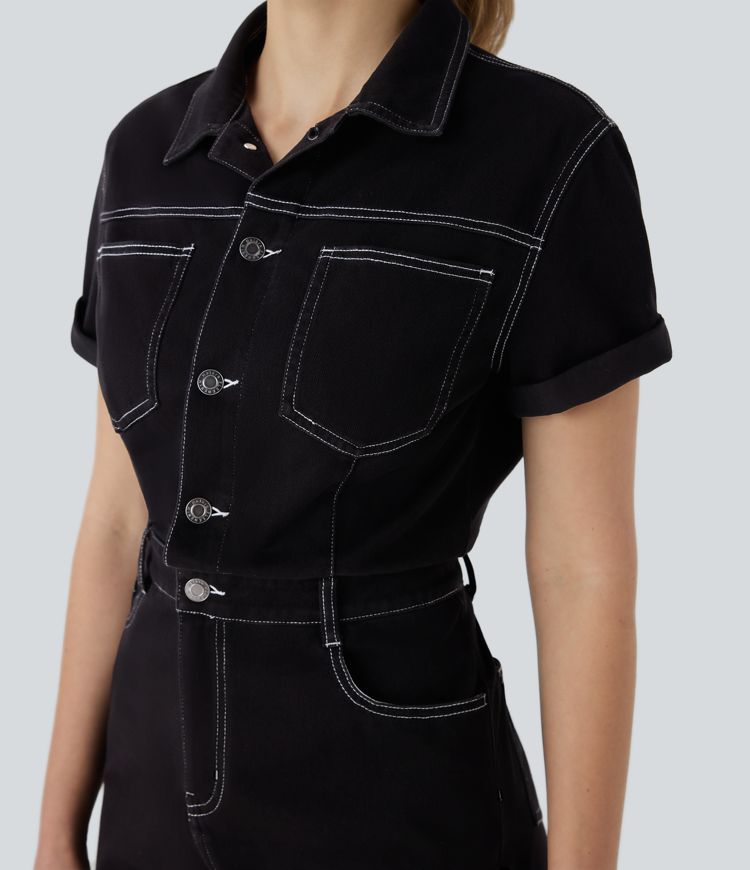 Halara Flex™ Kurzärmliger, geknöpfter, gewaschener, dehnbarer Denim-Strick-Leger-Overall mit mehreren Taschen