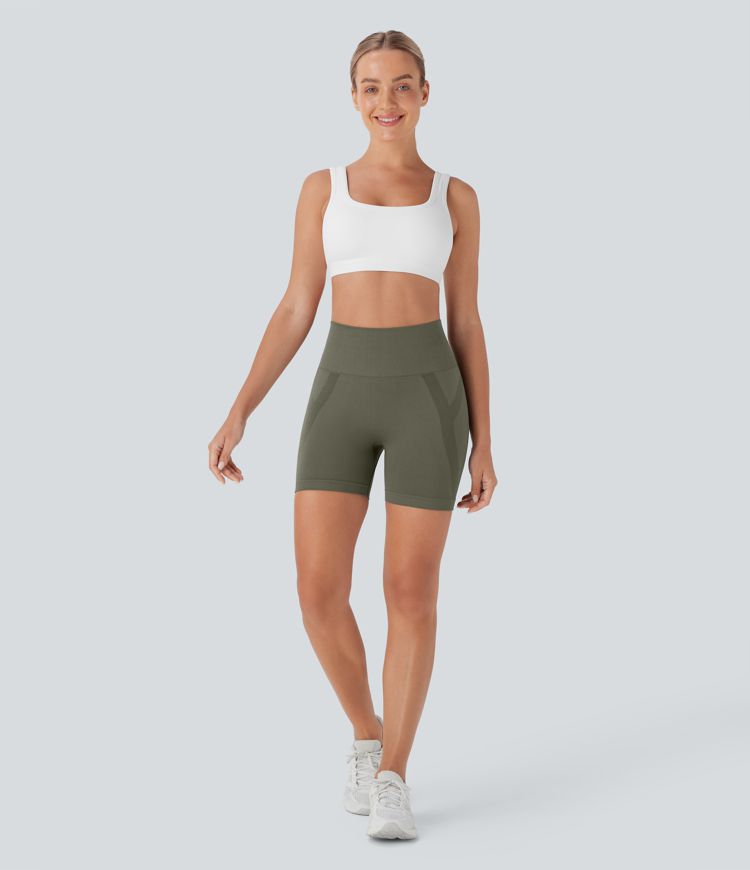 Shorts de yoga tipo biker de tiro alto sin costuras y con detalles fruncidos