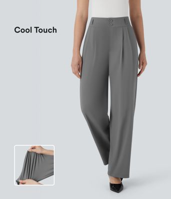 High Waisted Zipper Pocket Shirred Straight Leg Cool Touch Work Pants