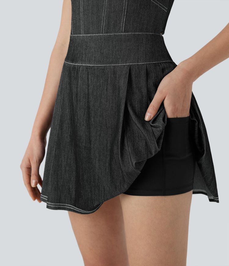 Halara Flex™ Pleated Hem 2-in-1 Cool Touch Washed Denim Tennis Active Dress with Pockets