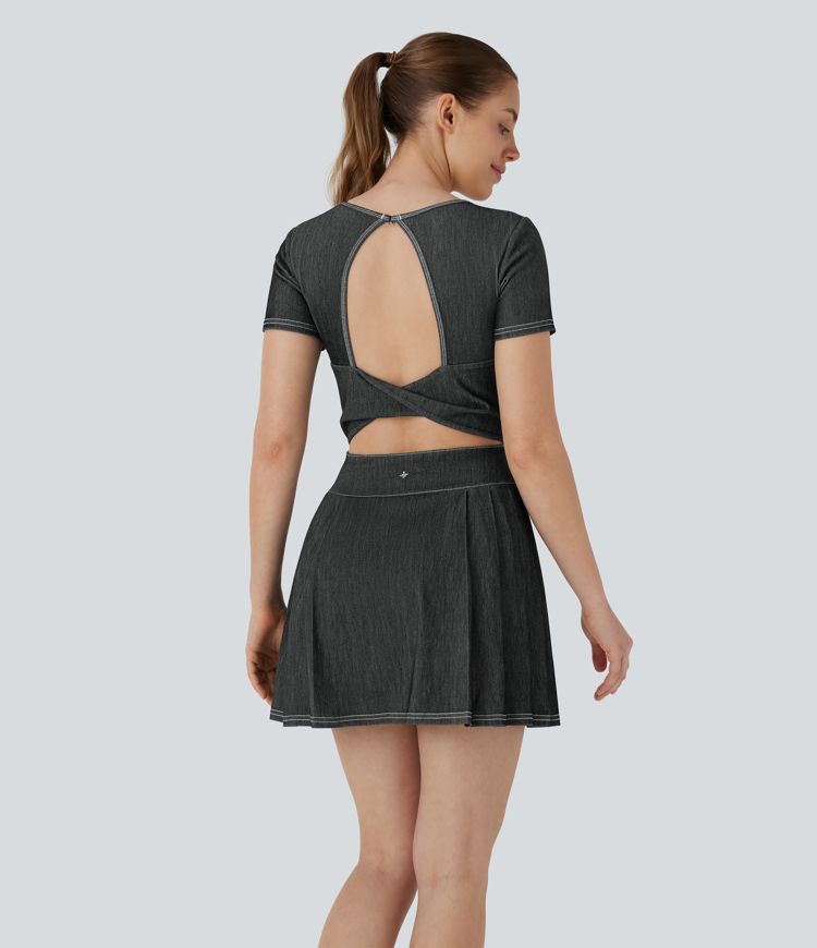 Halara Flex™ Pleated Hem 2-in-1 Cool Touch Washed Denim Tennis Active Dress with Pockets