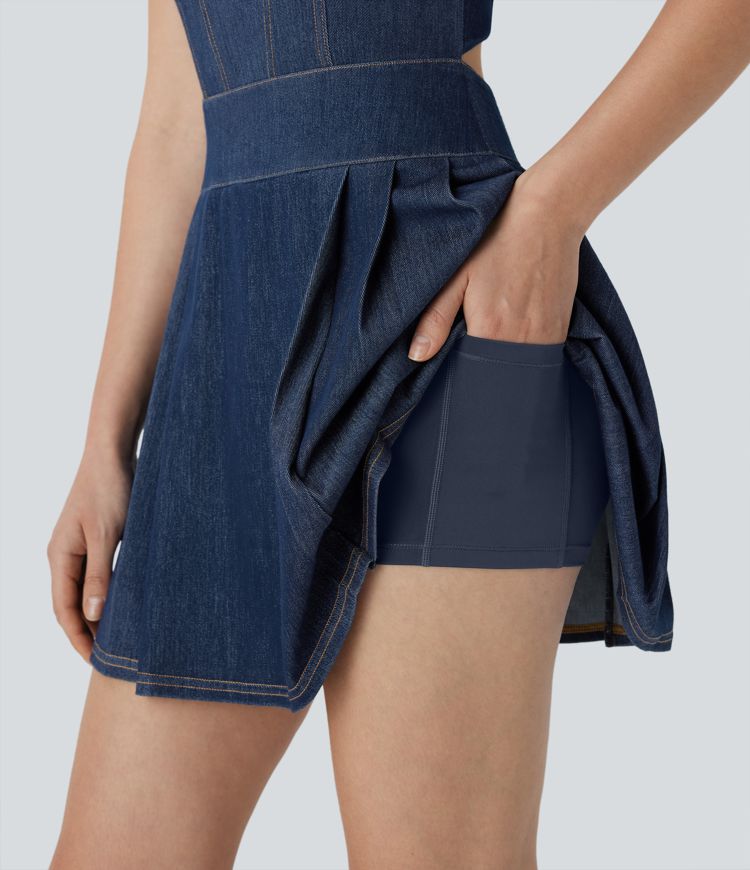 Halara Flex™ Pleated Hem 2-in-1 Cool Touch Washed Denim Tennis Active Dress with Pockets