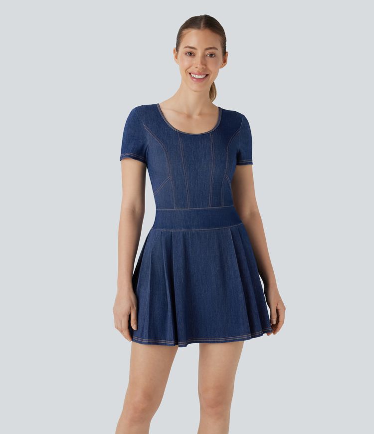 Halara Flex™ Backless Twisted Pleated Hem 2-in-1 Cool Touch Washed Stretchy Knit Denim Tennis Active Dress with Pockets