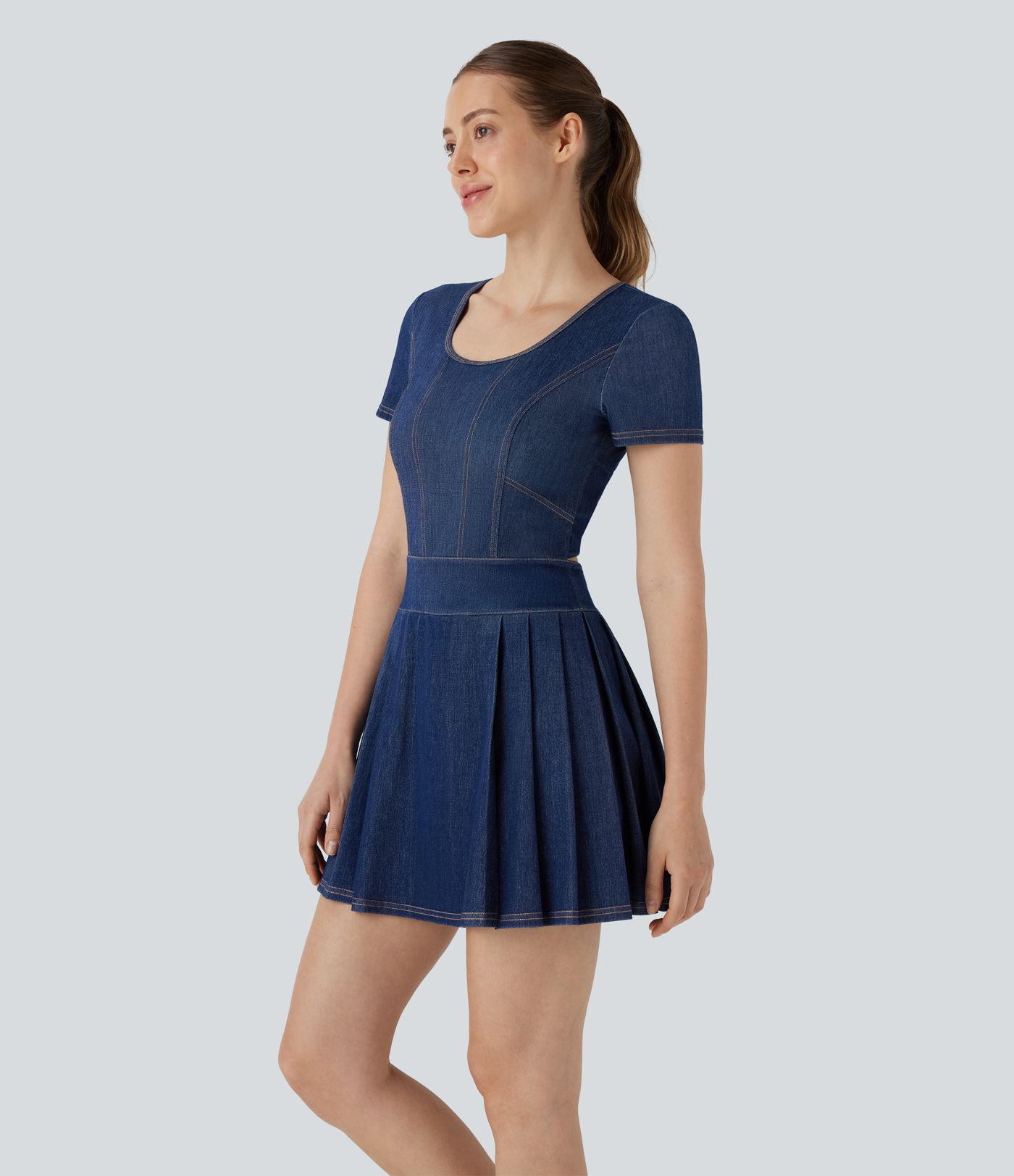 Robe de Tennis Active en Denim Lavé Halara Flex™ à Ourlet Plissé 2-en-1 Effet Rafraîchissant avec Poches