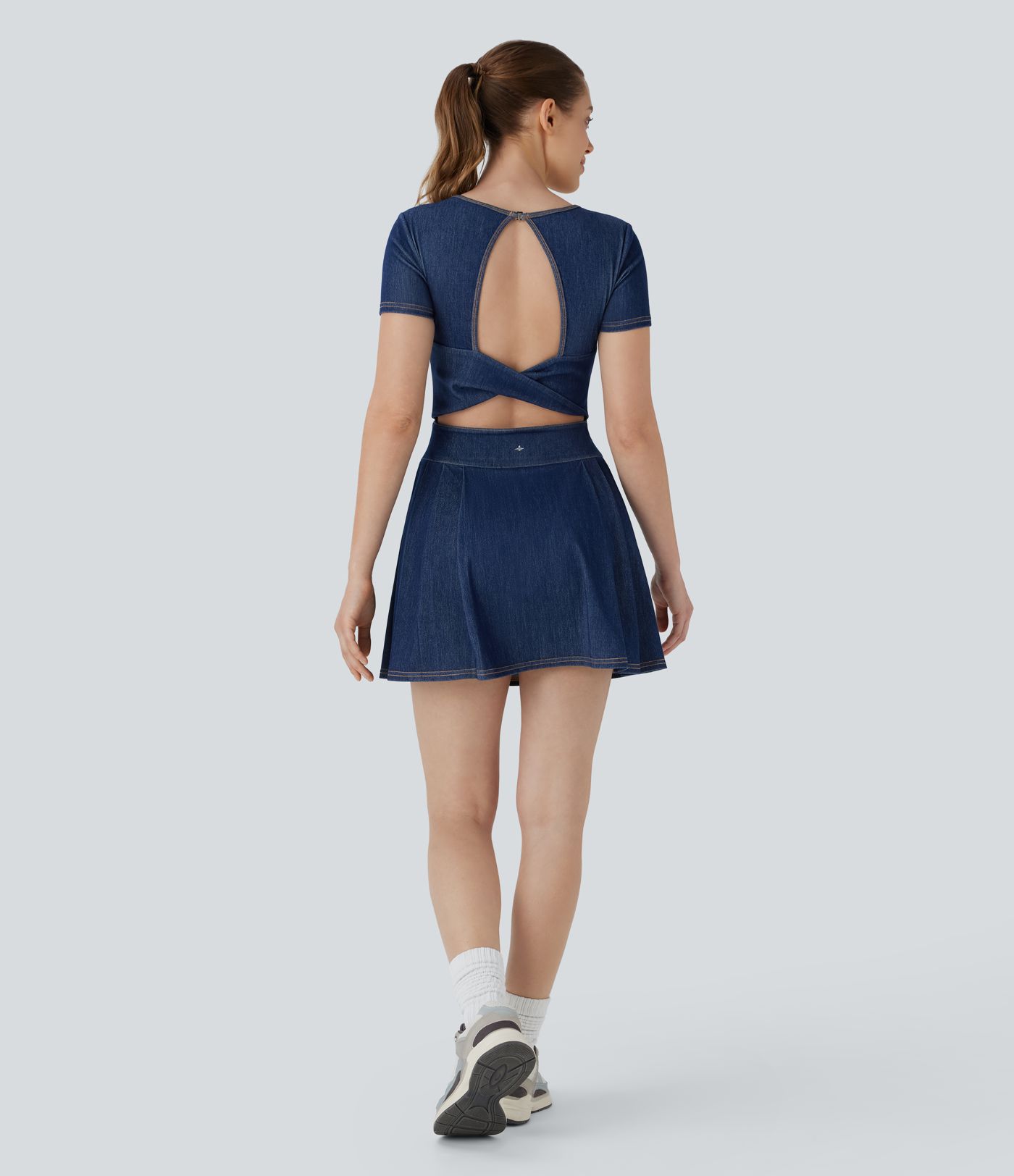 Robe de Tennis Active en Denim Lavé Halara Flex™ à Ourlet Plissé 2-en-1 Effet Rafraîchissant avec Poches
