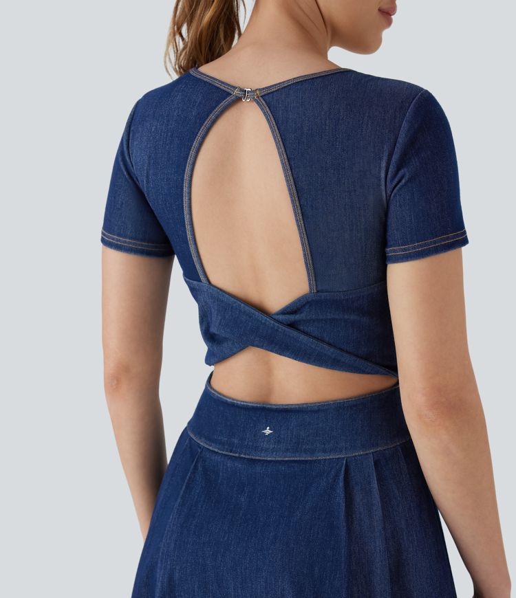 Halara Flex™ Pleated Hem 2-in-1 Cool Touch Washed Denim Tennis Active Dress with Pockets