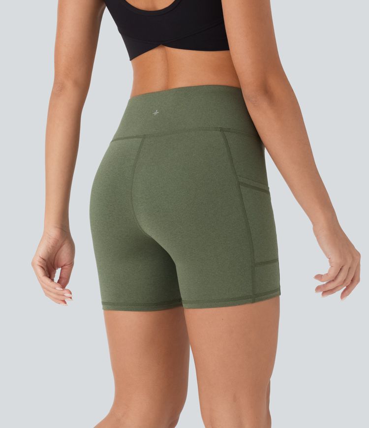 Aukštos juosmens kišeniniai melanžiniai greitai džiūstantys jogos dviratininkų šortai 5''