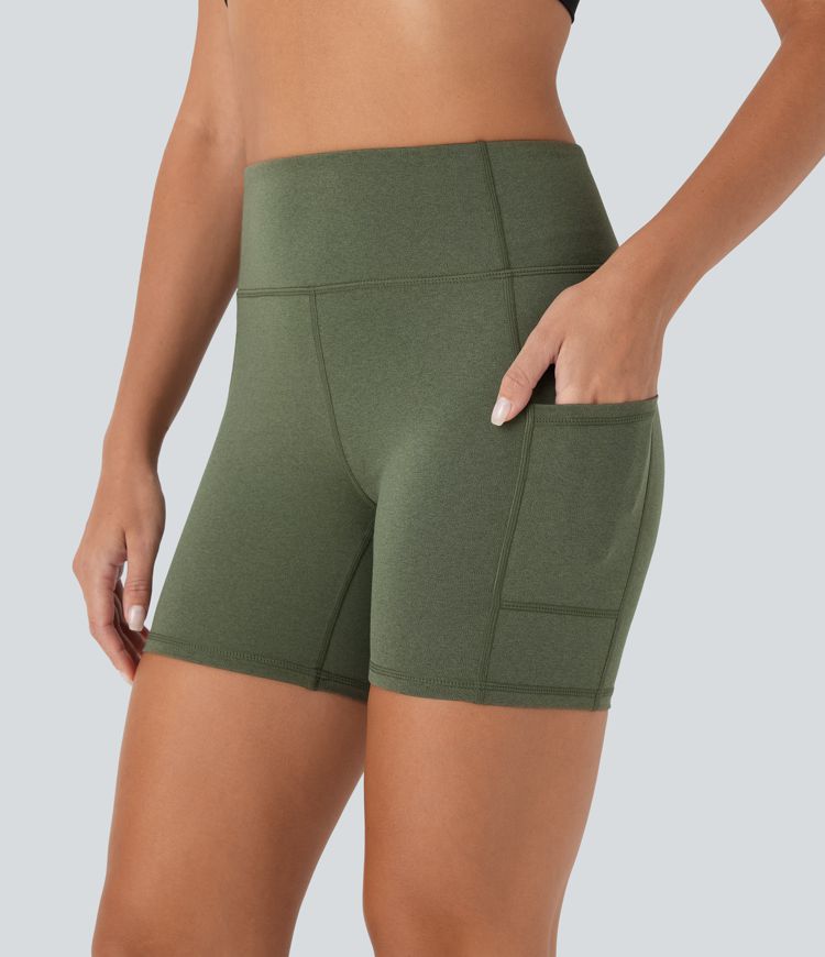 Aukštos juosmens kišeniniai melanžiniai greitai džiūstantys jogos dviratininkų šortai 5''