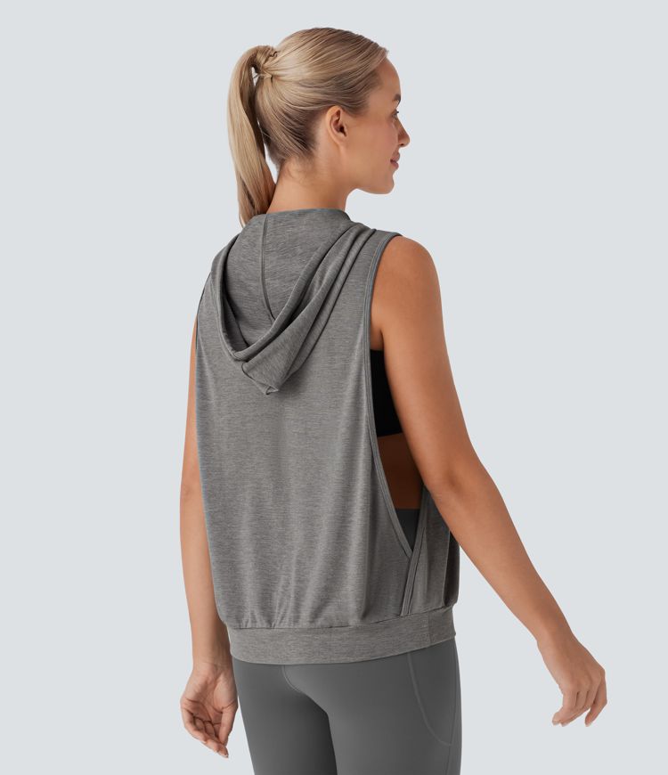 Ärmelloses Workout-Tanktop mit Kapuze und Kordelzug