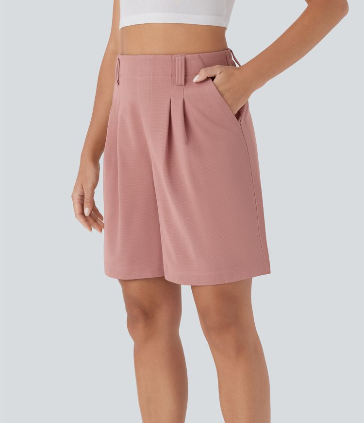 High Waisted Side Pocket Waffle Casual Bermuda Shorts